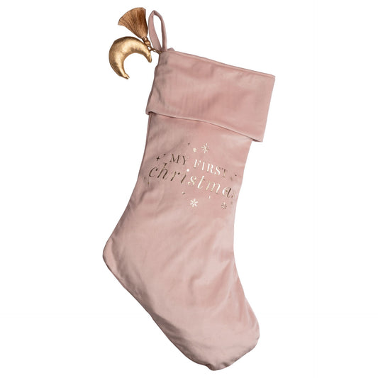 MY FIRST CHRISTMAS PINK STOCKING WITH GOLD MOON AND TASSLE ACCESSORIES