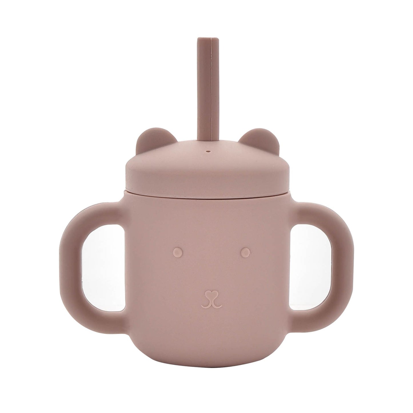 silicone sippy cup with straw and teddy bear face in pink