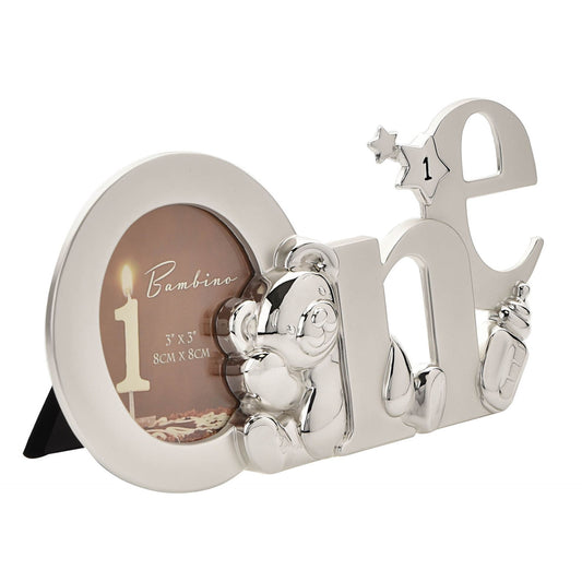 SILVER CUTOUT FRAME CELEBRATING 1ST BIRTHDAY WITH TEDDY BEAR AND BOTTLE DETAILS BY BAMBINO