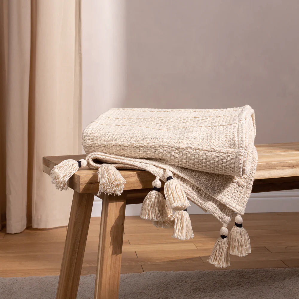  Caliche Woven Tasselled Throw Natural with tassels 130cm by 180cm