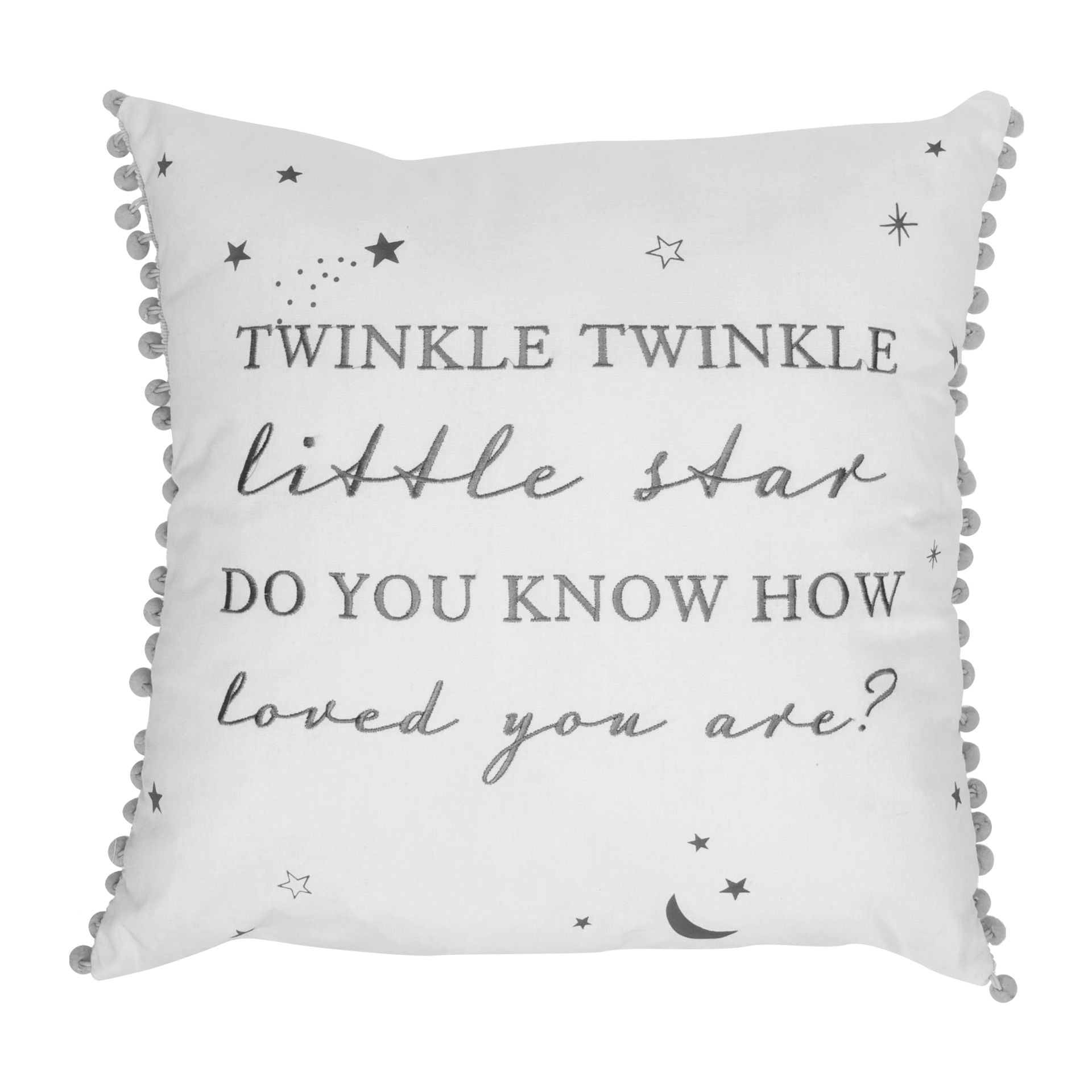 Bambino twinkle twinkle little star do you know how loved you are cushion with pom pots