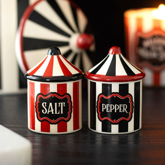 Circus tent salt and pepper shakers ceramic novelty set for fun kitchen and dining table décor.