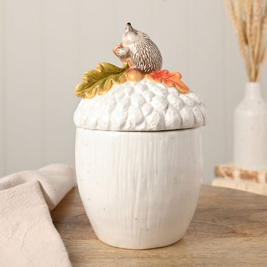 Acorn storage jar with hedgehog perched on the lid and colourful leaves 