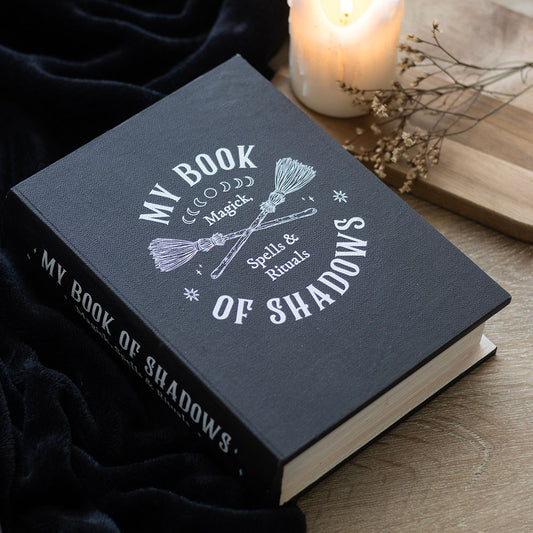 Book titled 'My Book of Shadows' with a broomstick design suitable for storing items inside made from mdf.