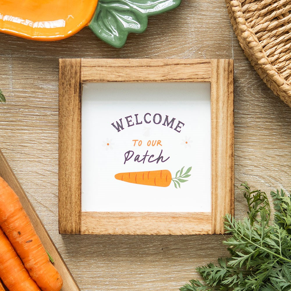 WELCOME TO OUR PATCH FRAMED WOODEN SIGN WITH CARROT AND DAISY DESIGN