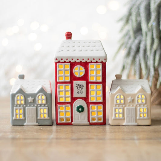 set of 3 christmas houses led red white and green santa stop here 
