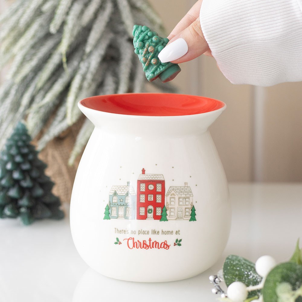 No Place Like Home Christmas ceramic wax melt burner gift set with village scene and Christmas tree-shaped soy wax melt