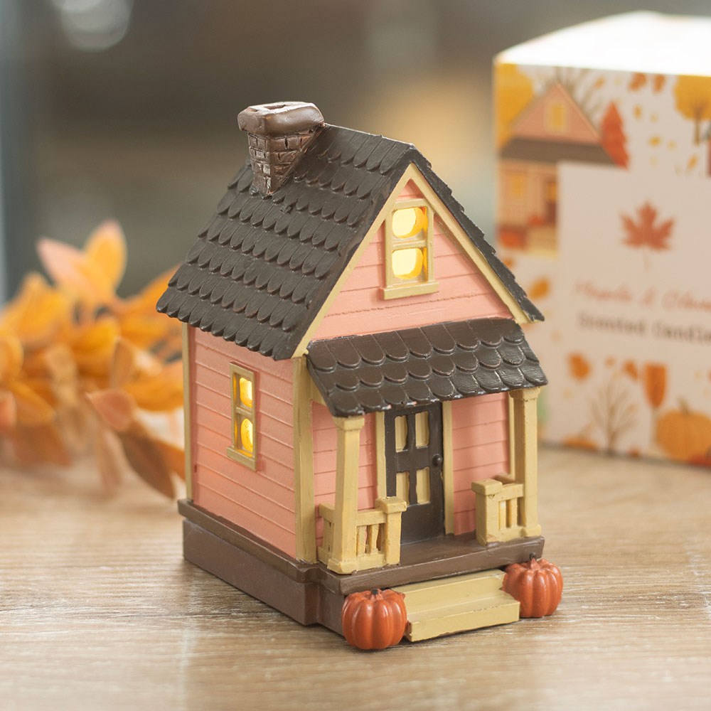 Small decorative pink led house with pumpkins outside on a wooden surface
