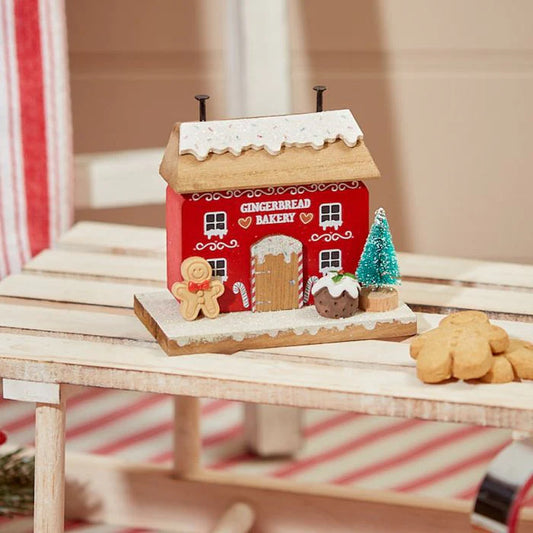 GINGERBREAD BAKERY WOODEN HOUSE BLOCK WITH CHRISTMAS TREE AND CHRISTMAS PUDDING 