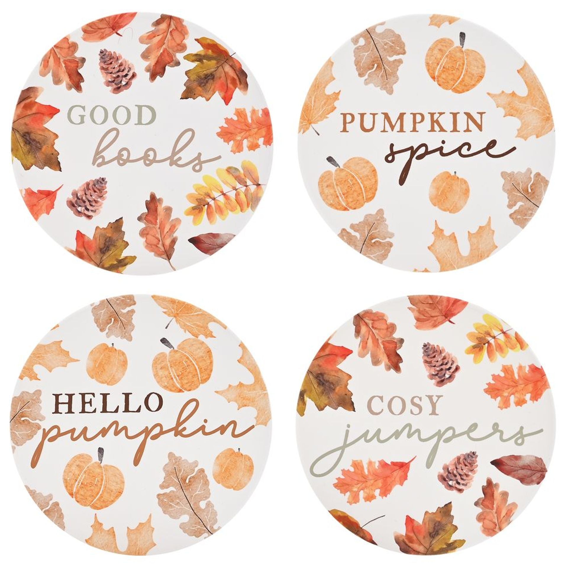 set of 4 ceramic autumn round coasters with featured writing 