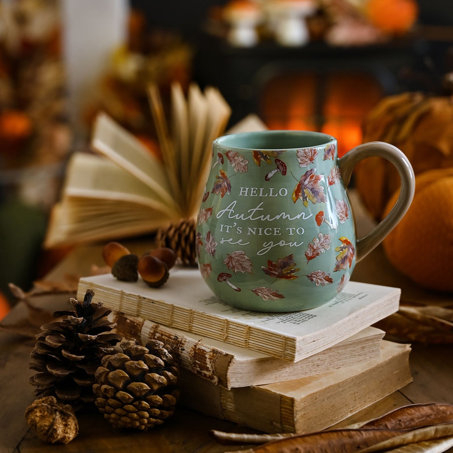 large hello autumn mug in mint green and brown with it's nice to see you wording and falling leaves