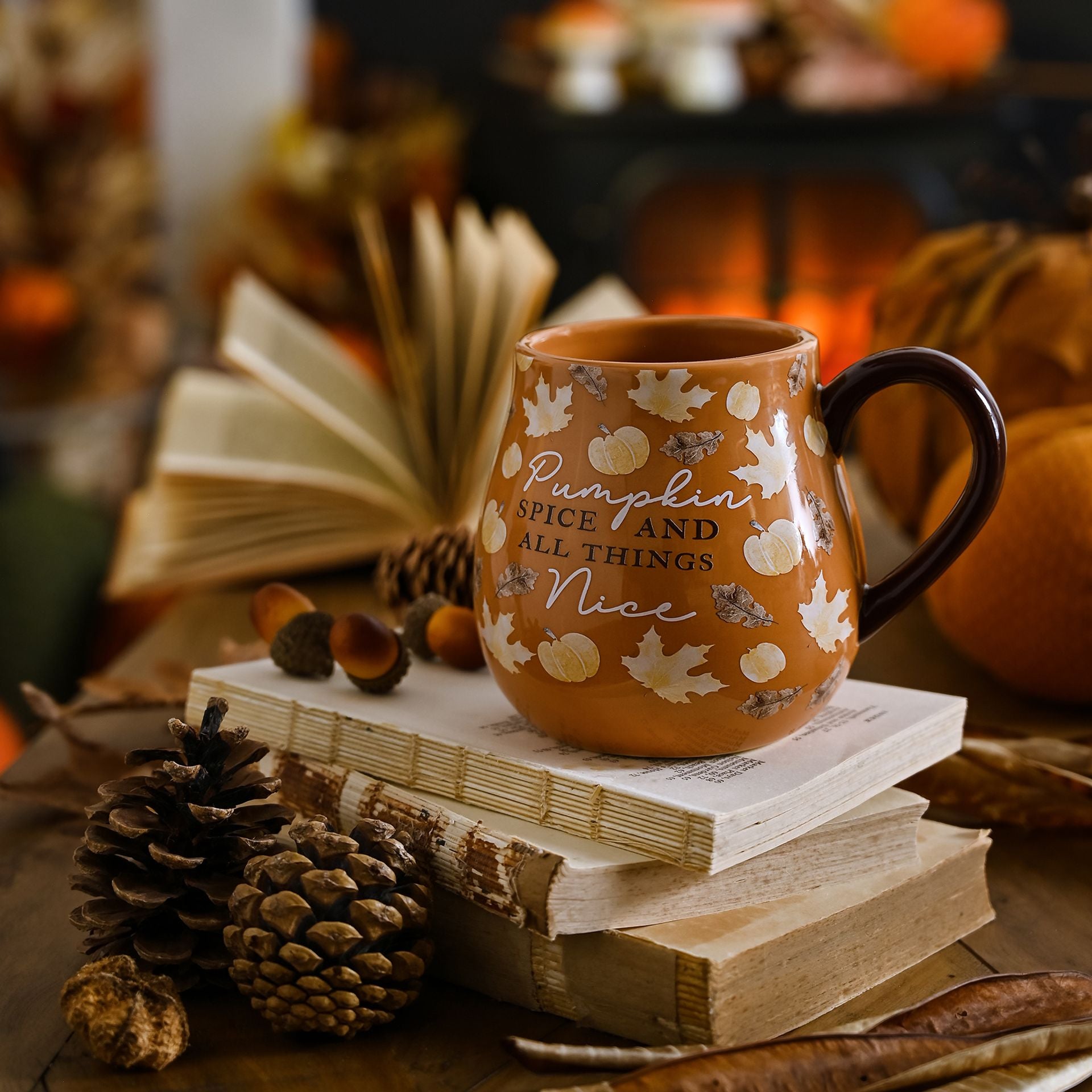 pumpkin spice and all things nice brown large mug with pumpkins and falling leaves