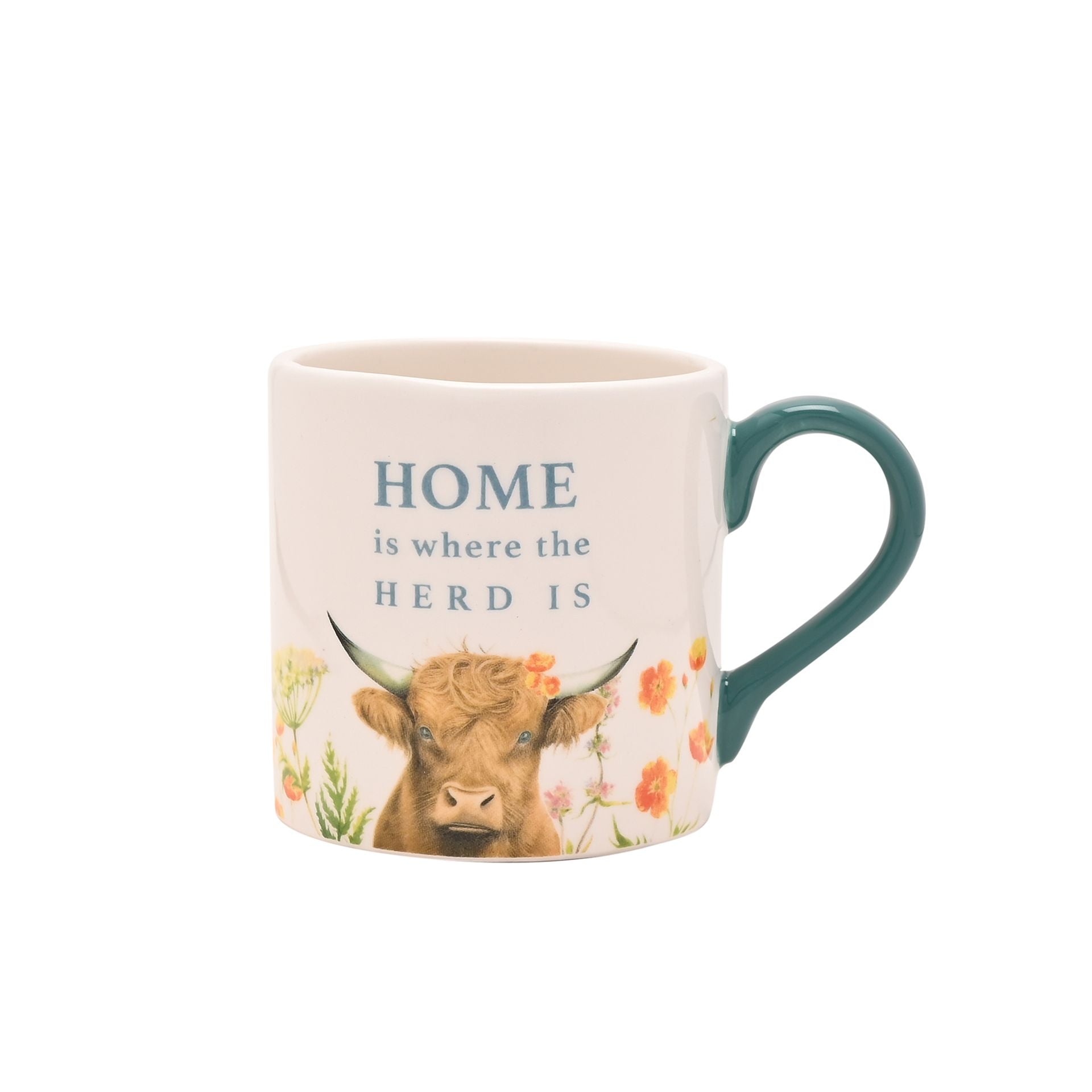 Home is where the herd is highland cow floral mug with green handle