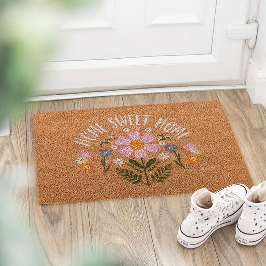Doormat coir with 'Home Sweet Home' and floral daisy design 