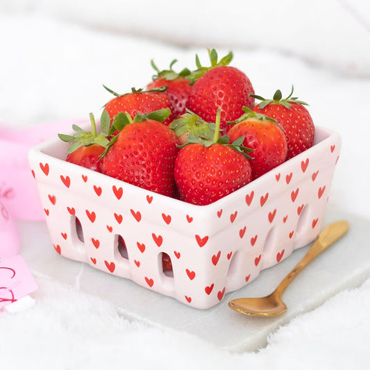 ceramic berry basket in pink with hearts all over