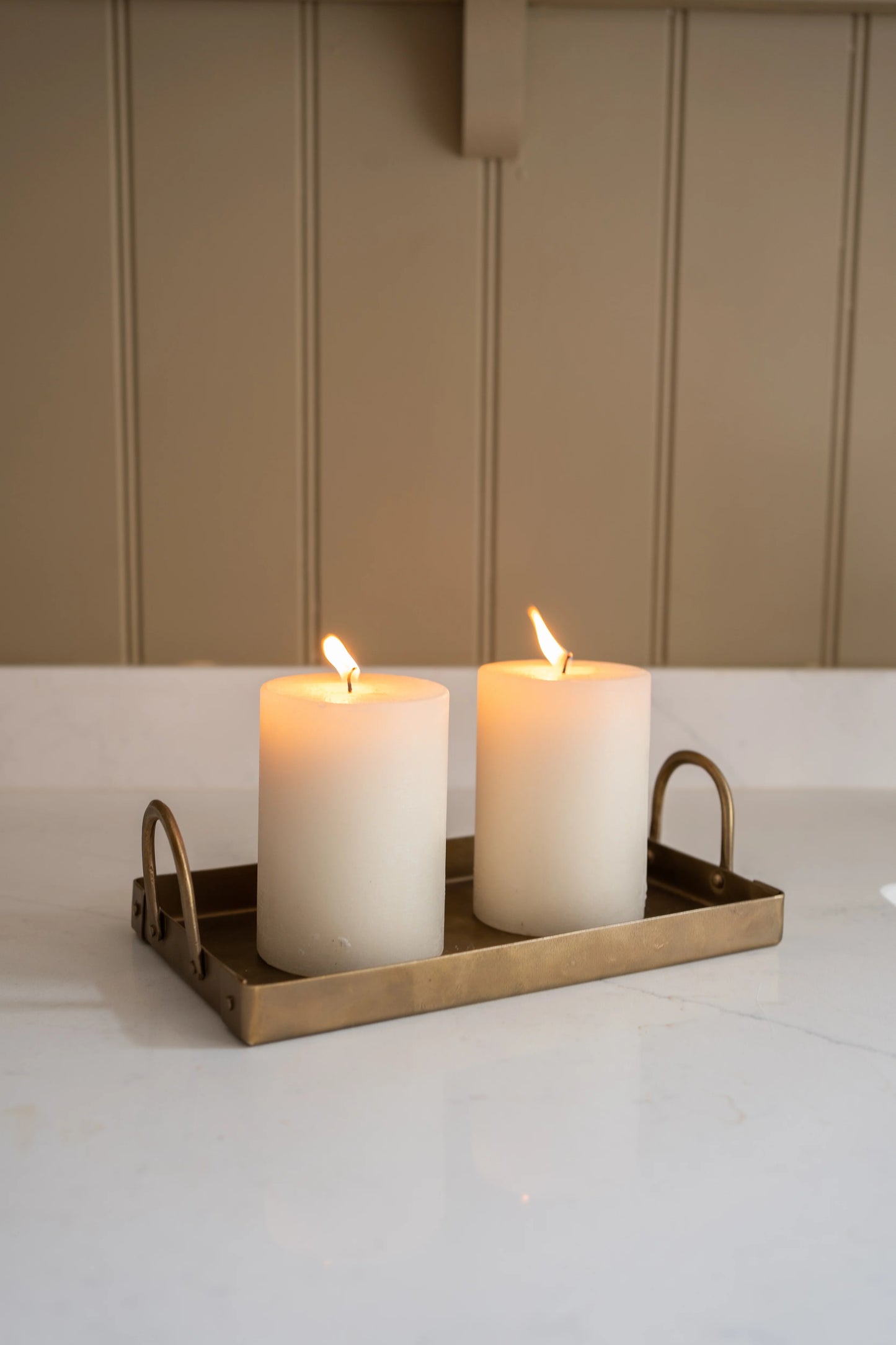 brass and iron tray with 2 handles good for holding candles and dispensers 