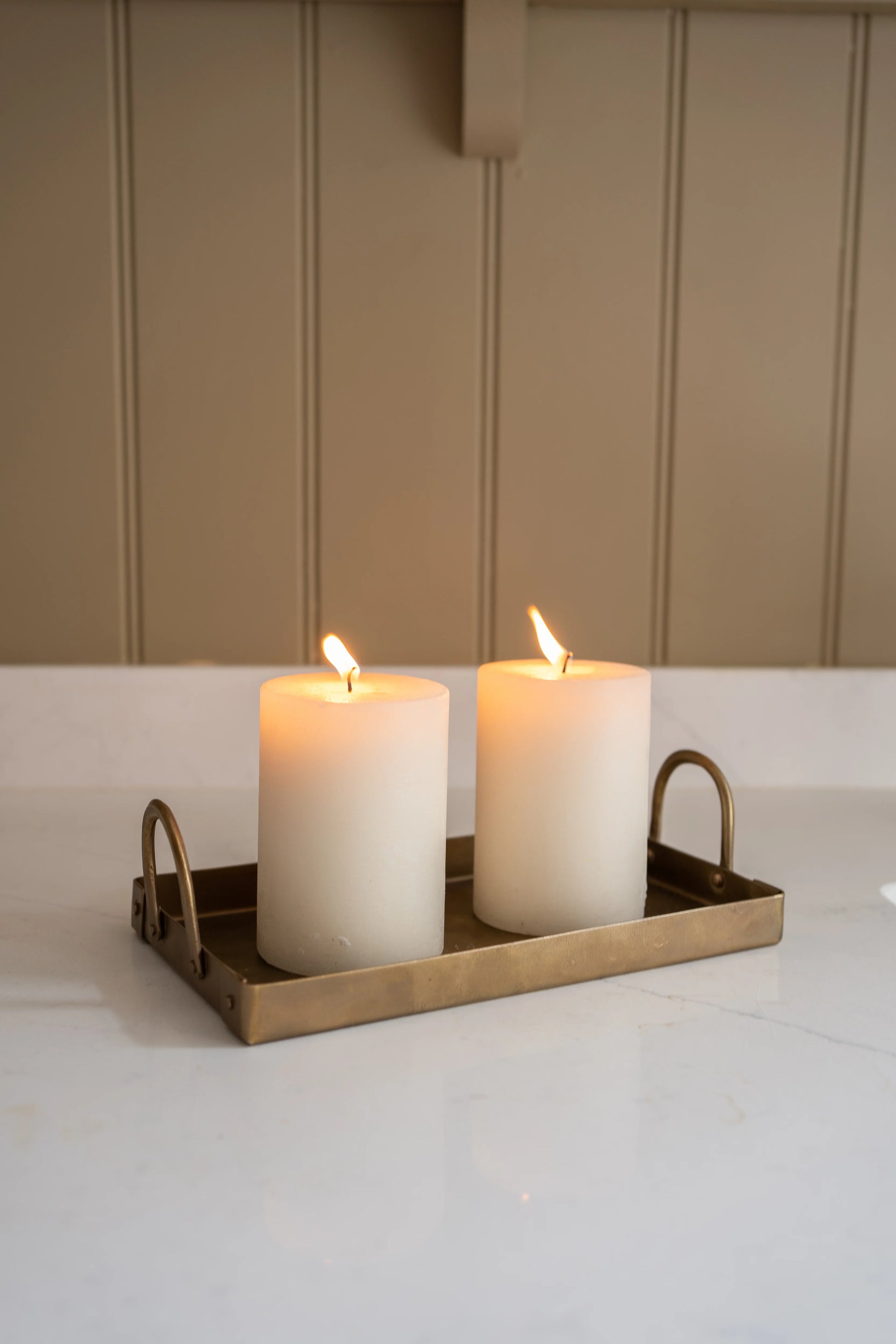 brass and iron tray with 2 handles good for holding candles and dispensers 