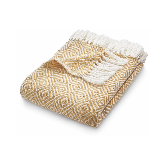 diamond gold throw blanket 130 by 180cm with woven detail and white tassels