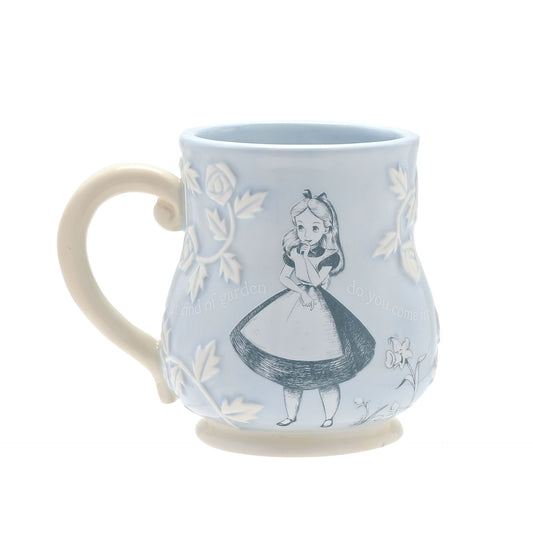 Alice in wonderland embossed light blue mug  with white handle