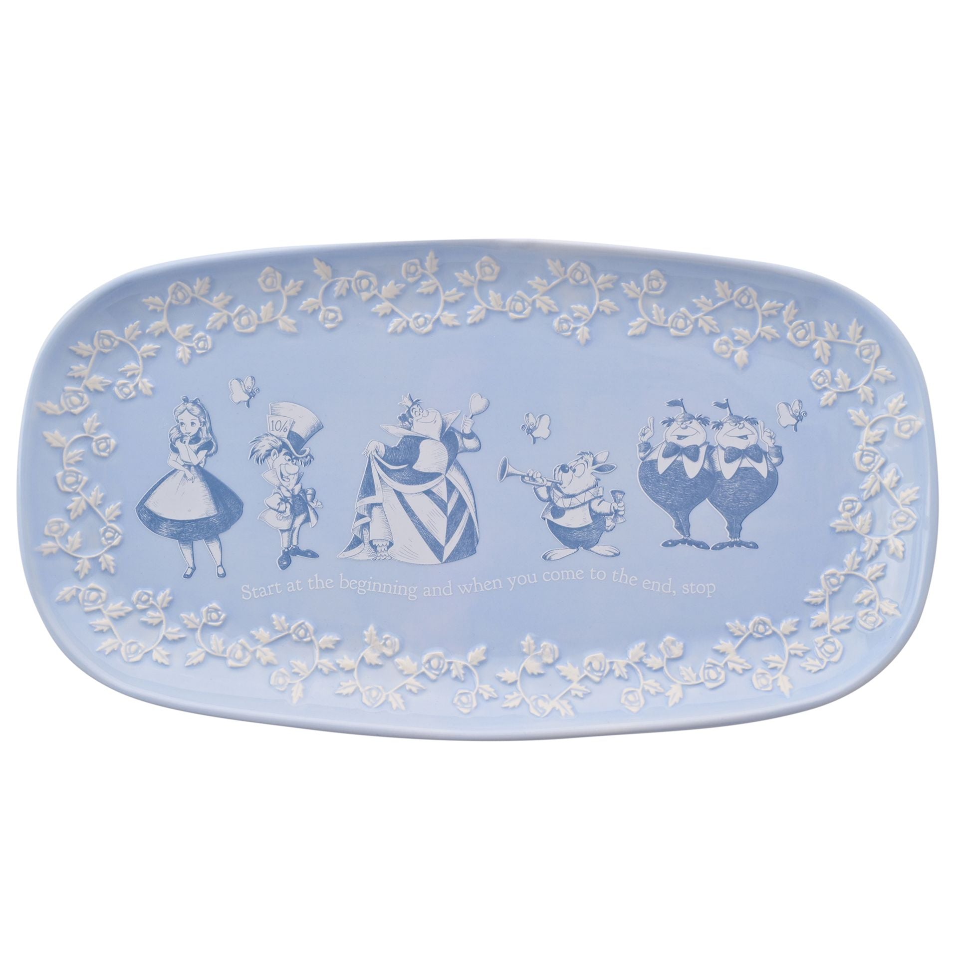 Alice in wonderland serving plate embossed detail and main characters illistrations 