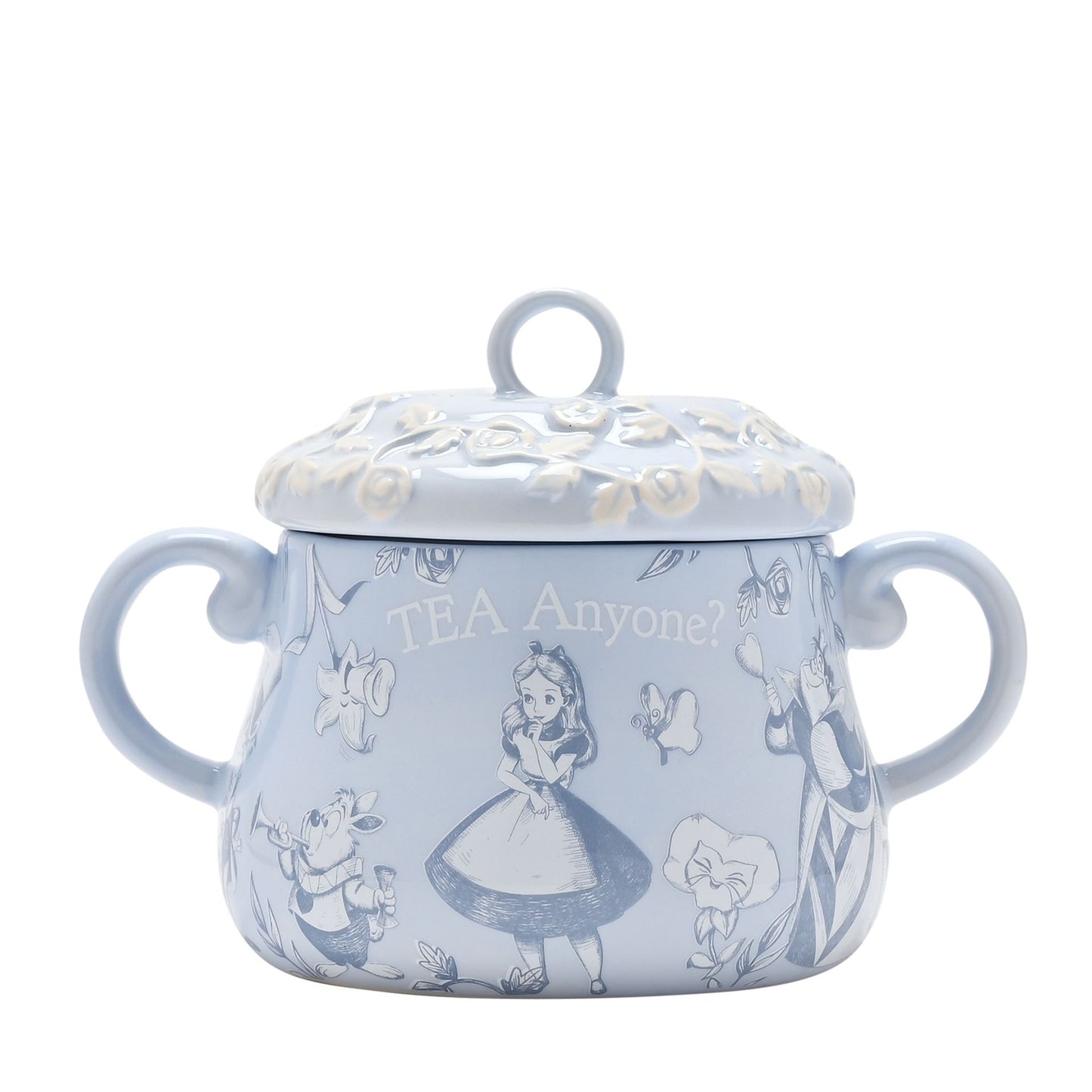 Alice in wonderland disney tea caddy storage embossed  with Alice details in blue and white 