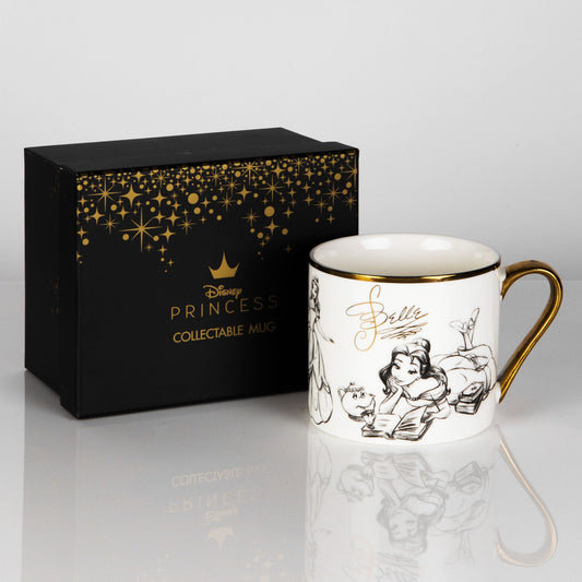 classic pencil illustration Belle mug, with gilt handle and 'Love your dreams' hidden message on the inside base. Complete with a black and gold foiled box