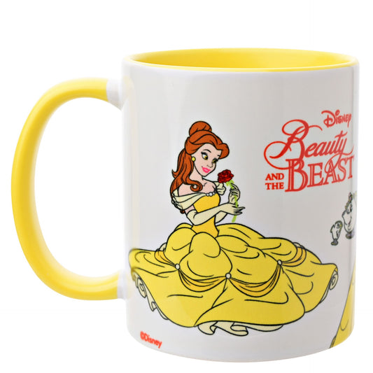 disney beauty and the beast belle and beast mug in white yellow and red