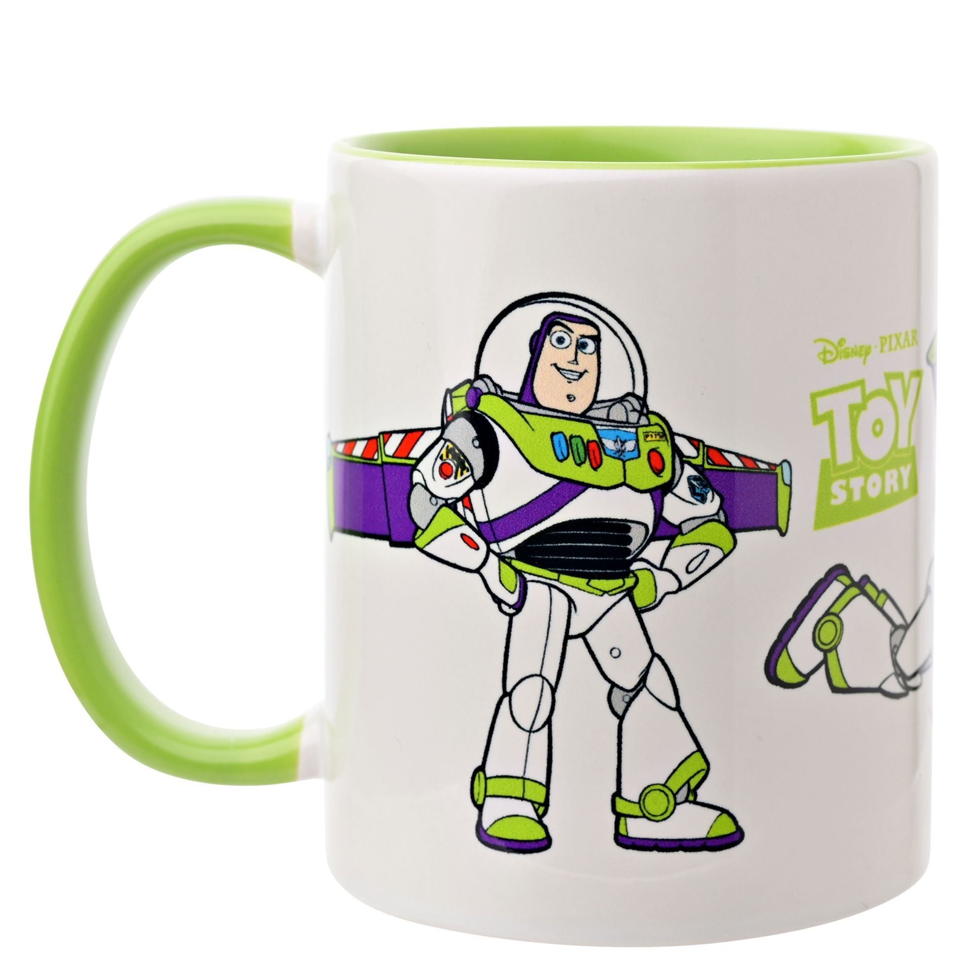 Buzz lightyear toys story white and green mug with buzz poses