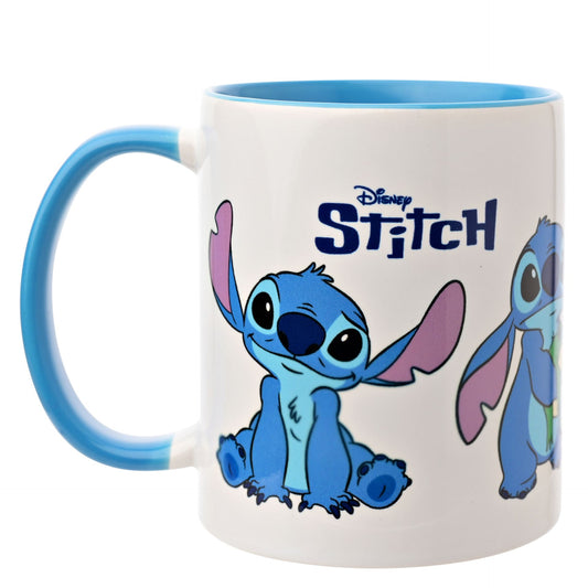 disney stitch poses mug in white and blue