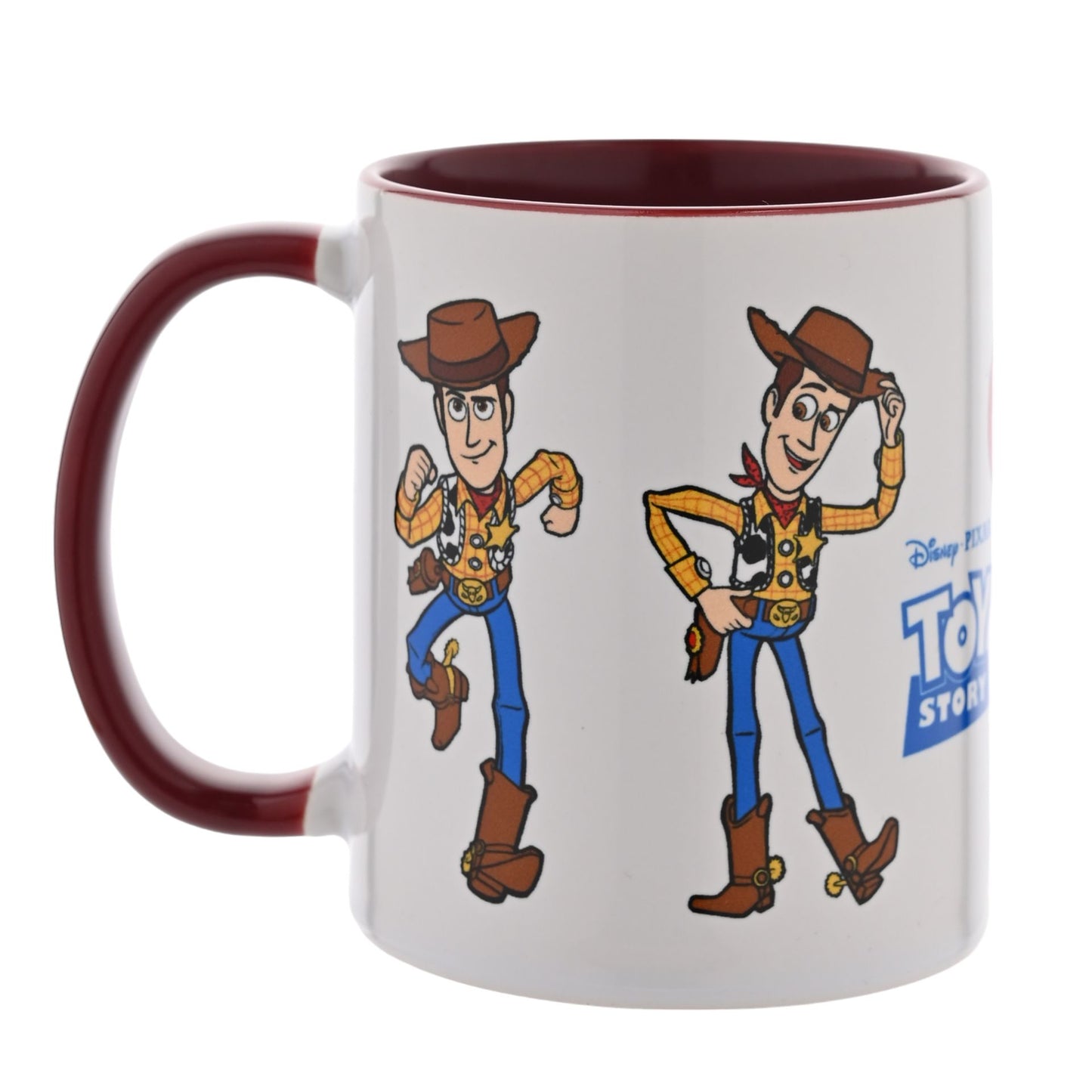 woody Toy Story mug with woody striking poses and his horse disney white and brown