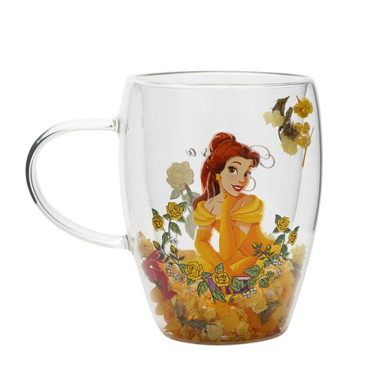 disney belle glass mug with floral design and dried flowers in yellow and orange