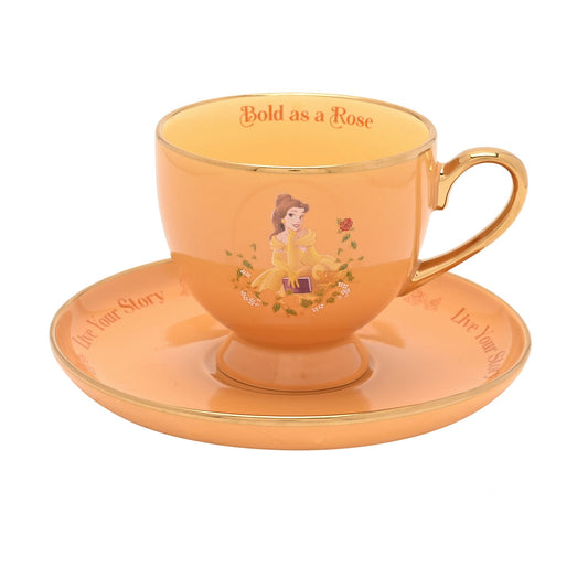 rose gold disney belle cup and saucer with gold rim and bold as a rose text inside teacup