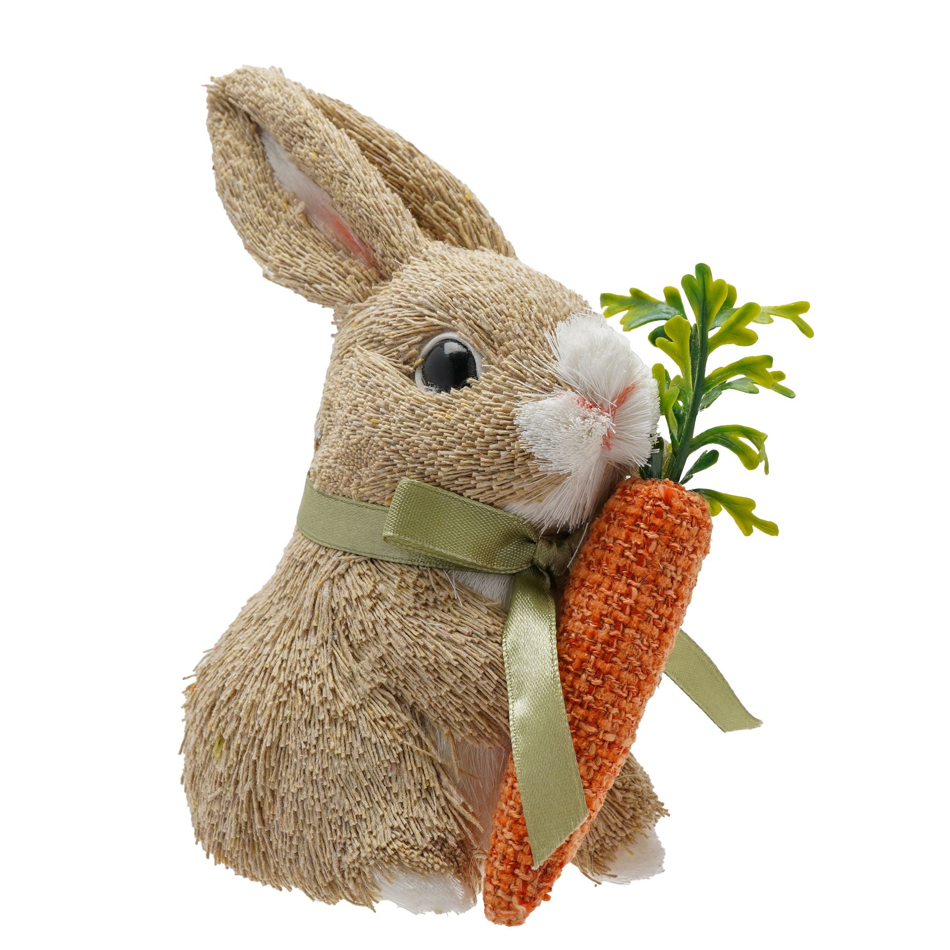 natural materials bunny holding a carrot decoration with a green bow around neck