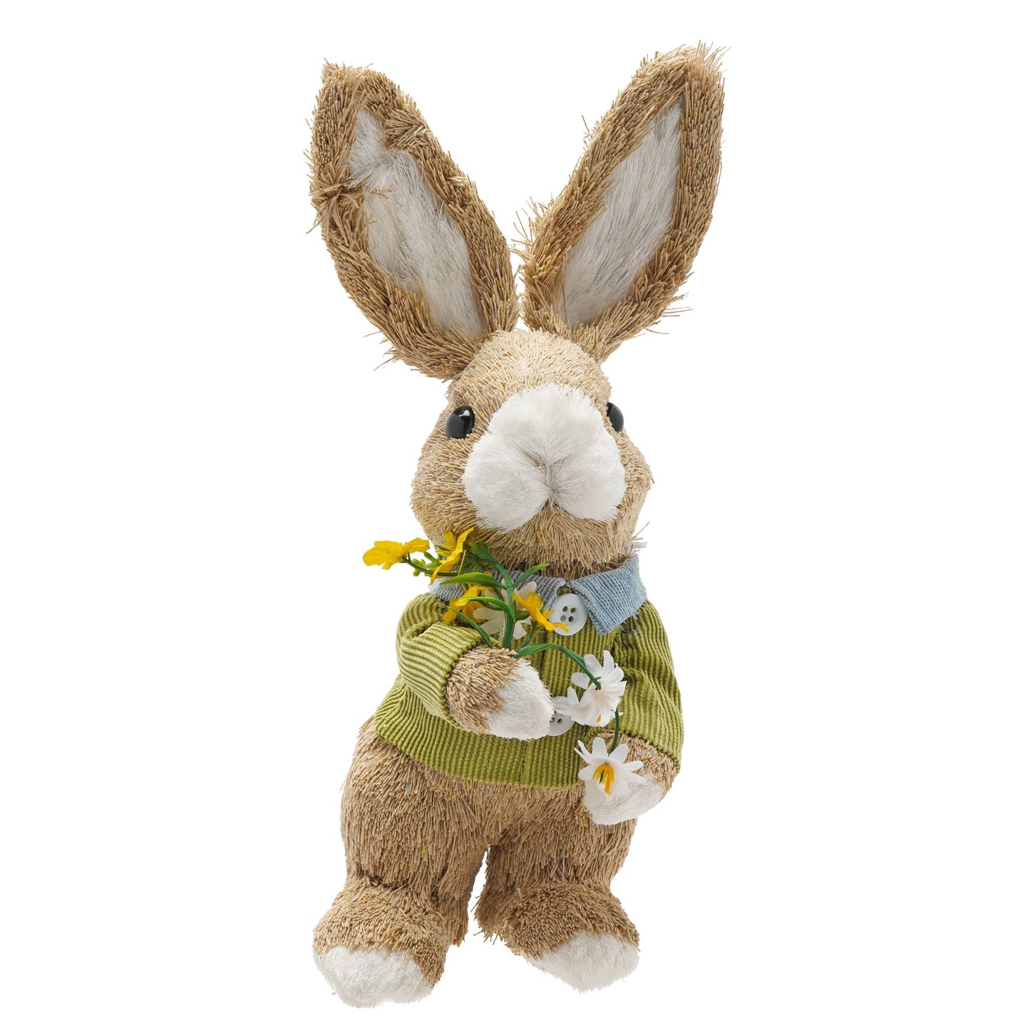 natural materials bunny 30cm holding flowers wearing a green jumper 