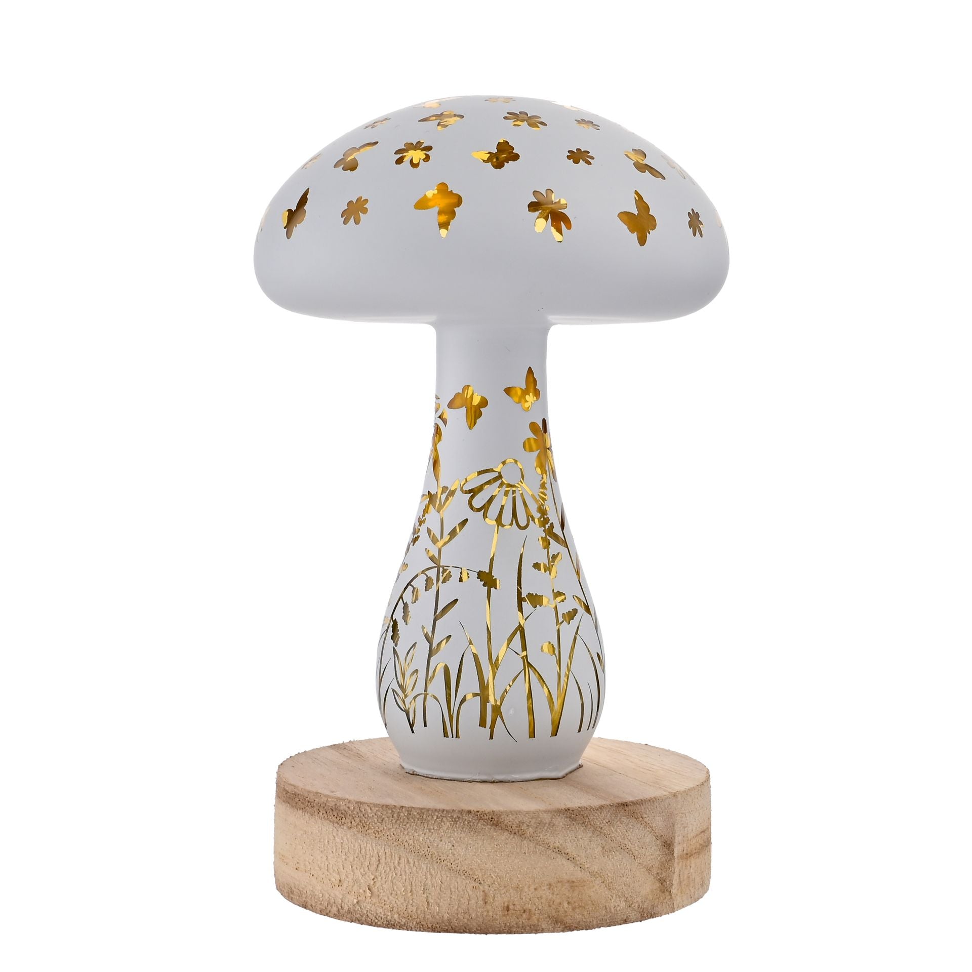 led toadstool mushroom led light on a wooden base