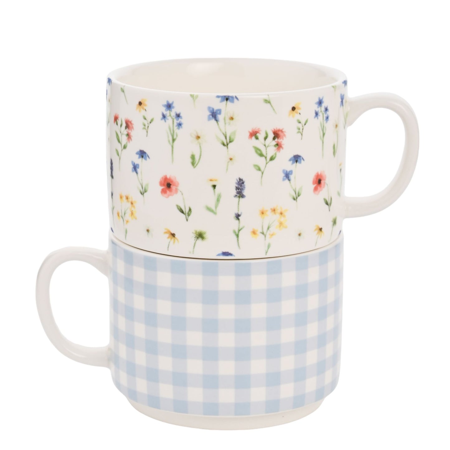 set of 2 stacking mugs with gingham blue and white design and floral design 