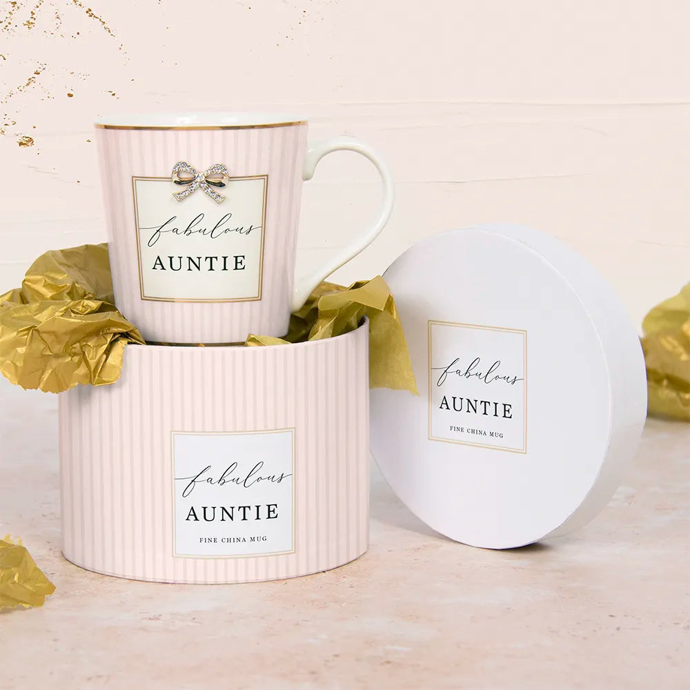 fabulous auntie diamante bow pastel mug in matching gift box