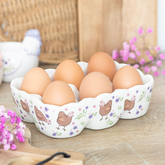 Decorative ceramic egg dish with with hen colourful design and florals