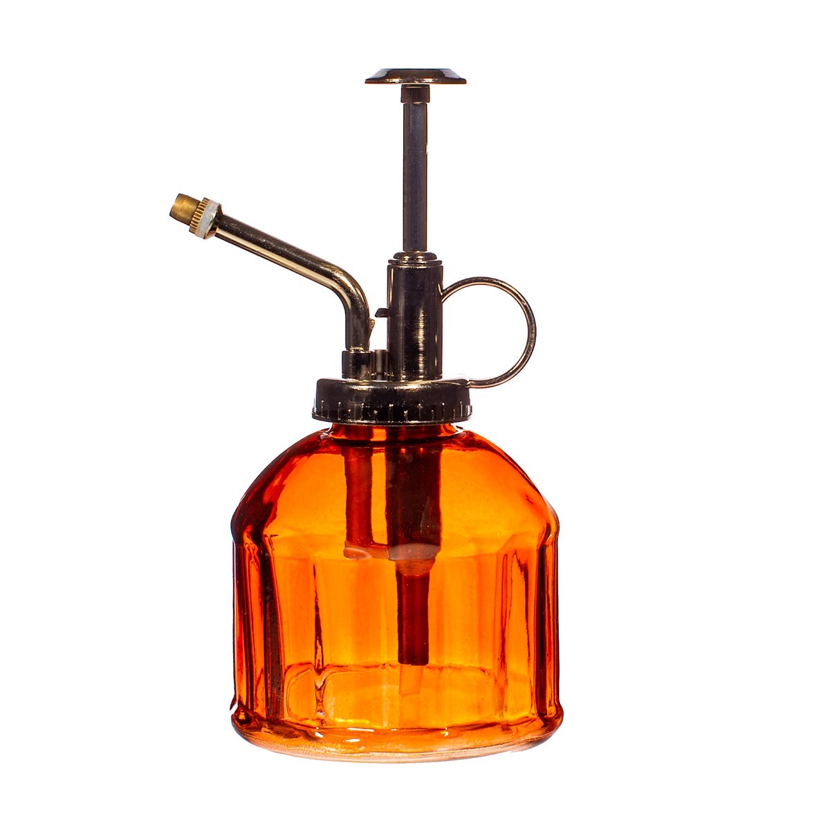 Orange glass plant mister bottle with a metallic nozzle 