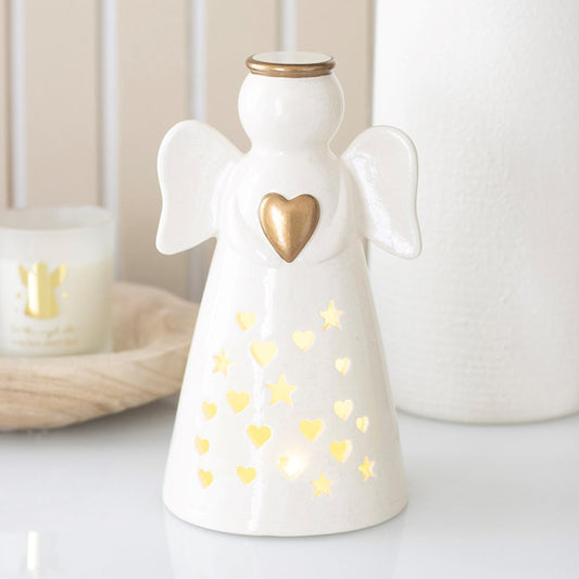 Large ceramic LED light up angel with metallic gold heart and halo for Christmas home decor