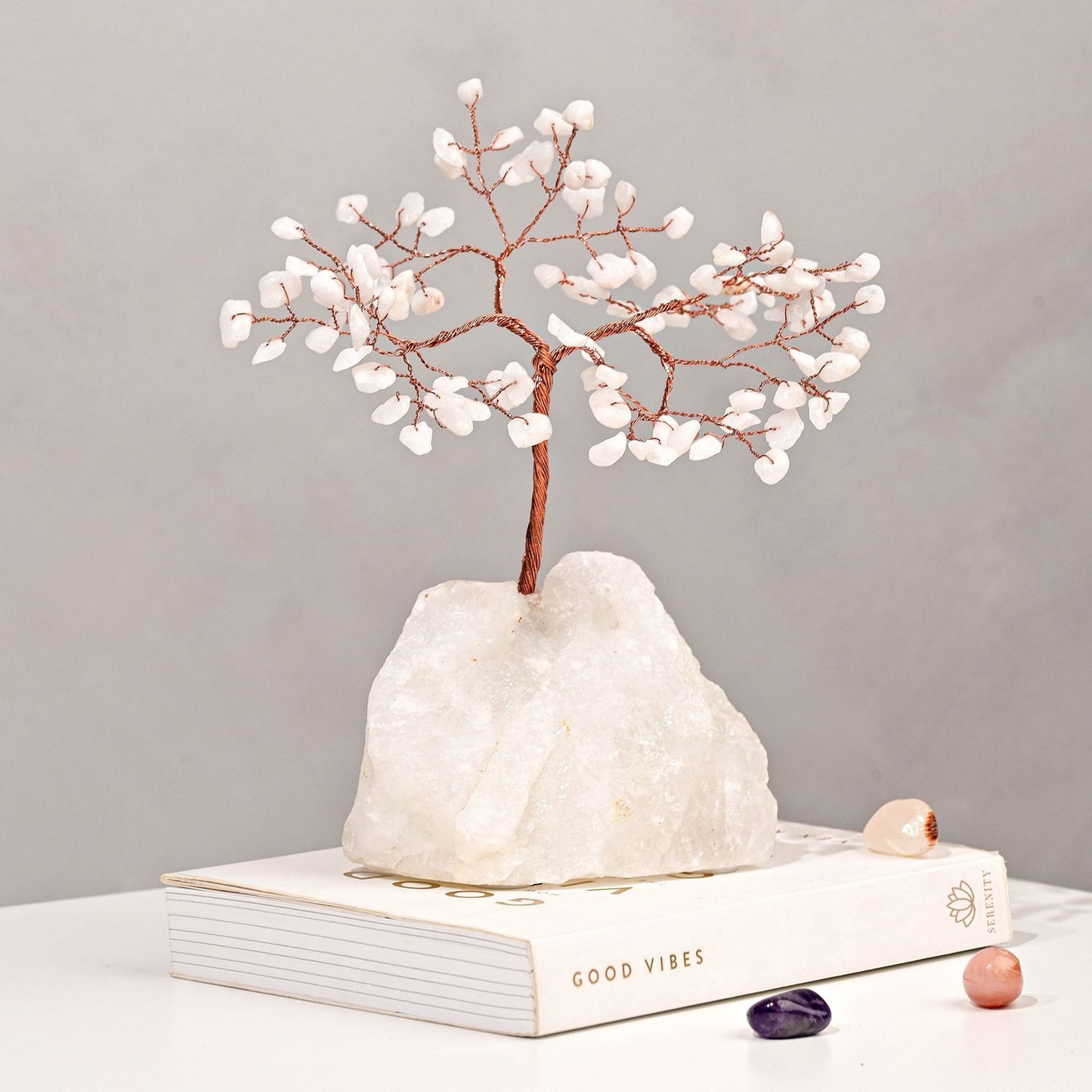 White jade gemstone tree with 100 crystals and quartz base