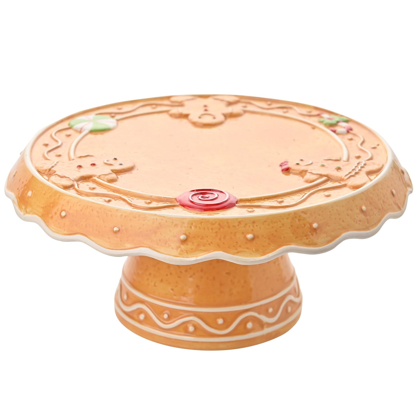 gingerbread cake stand with fan like edging and 3 gingerbread people detail 