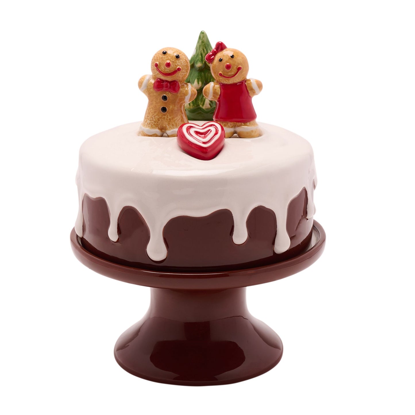 Gingerbread cake stand with dripping icing effect and boy and girl gingerbread lid with christmas tree and red heart