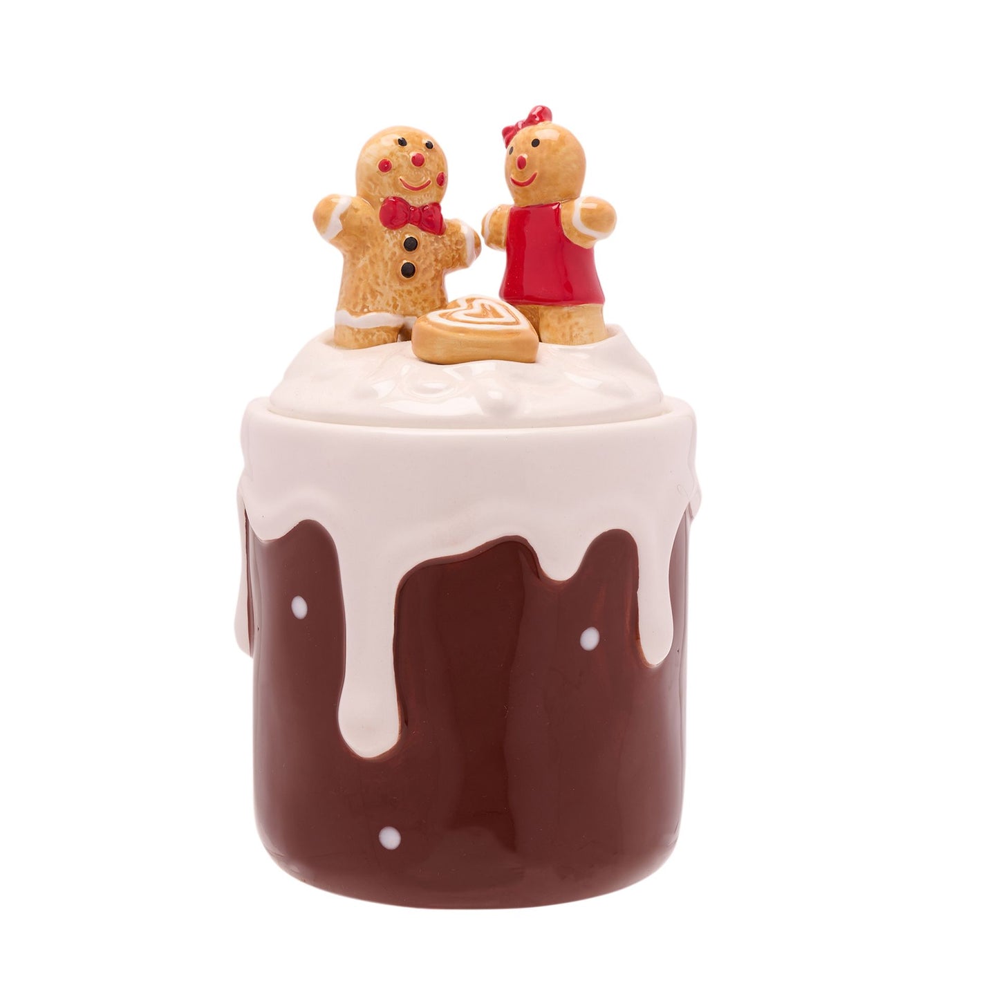 Ceramic Gingerbread men cookie jar with icing drip effect and gingerbread boy and girl on the lid with a heart