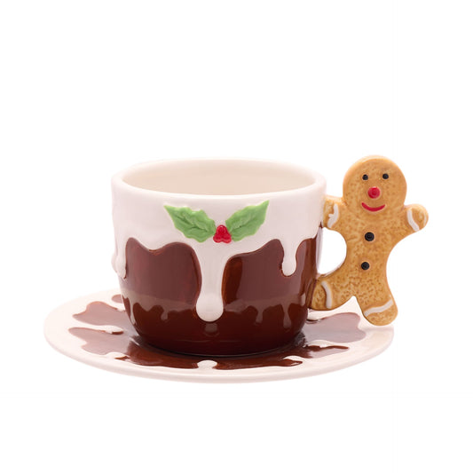 gingerbread cup and saucer with icing drip effect and gingerbread handle