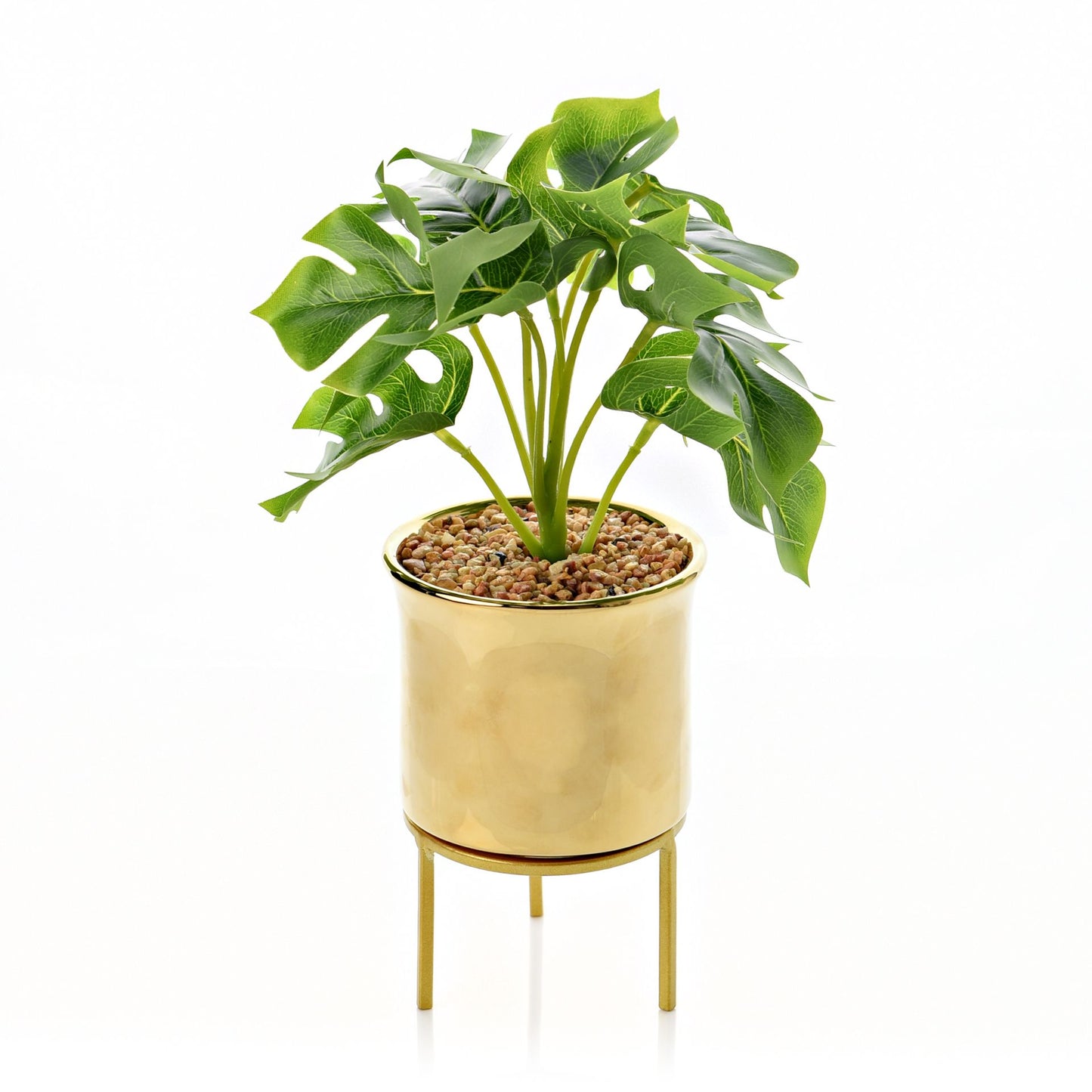 gold footed planter with faux plants 27cm