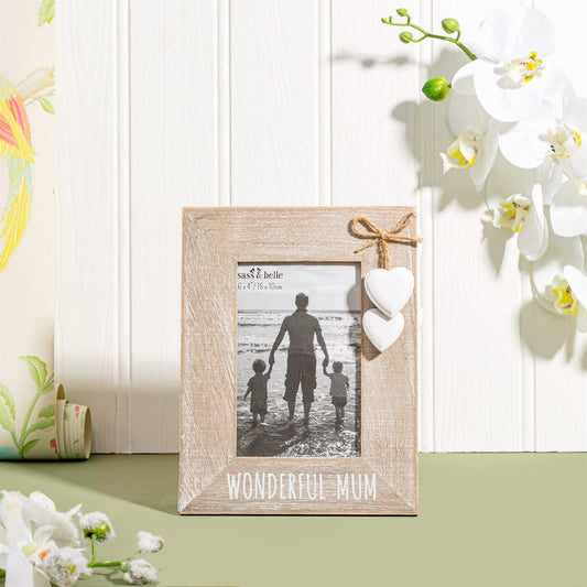 Wooden photo frame with a family picture and 'Wonderful Mum' text, 