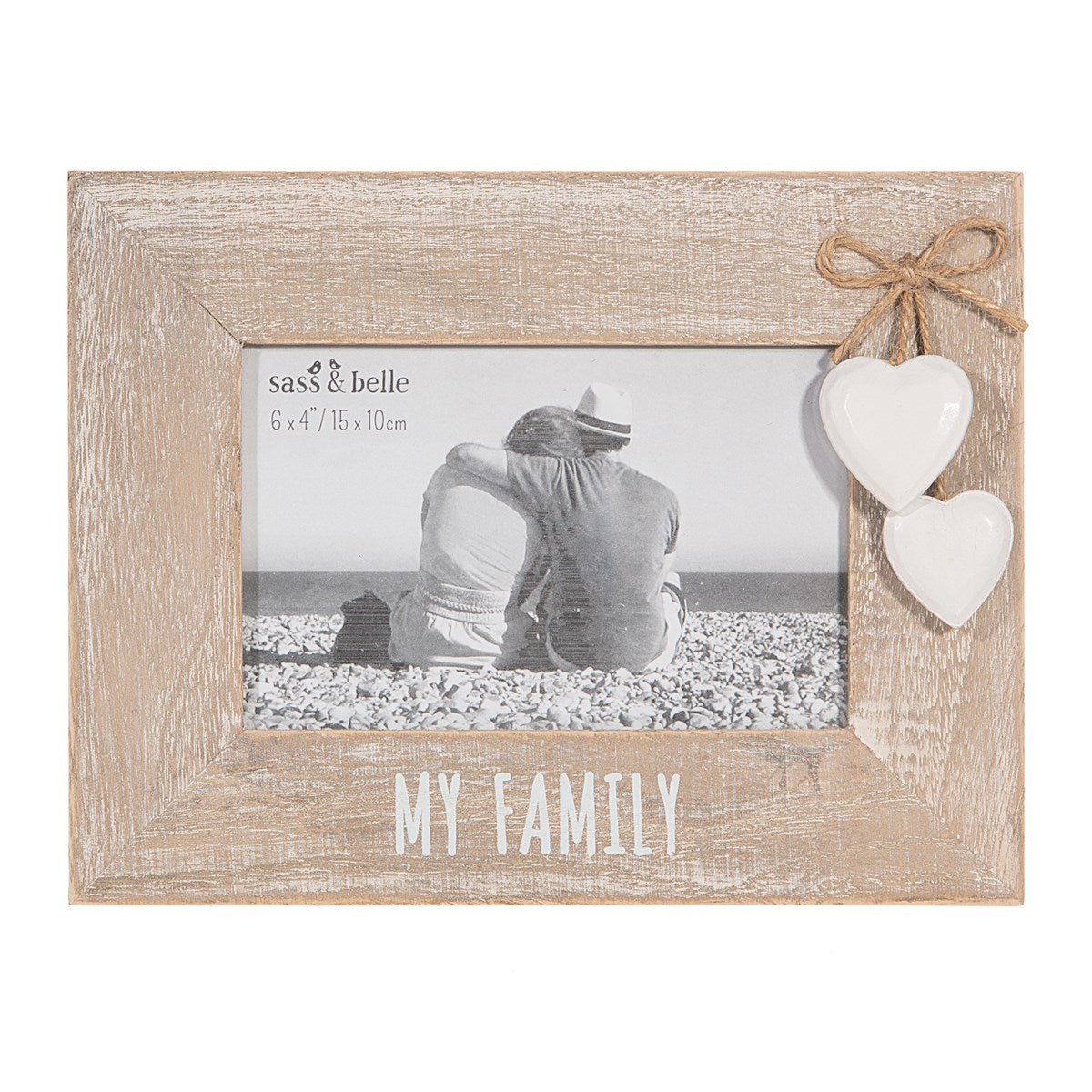 Wooden photo frame with hearts and 'My Family' text, 