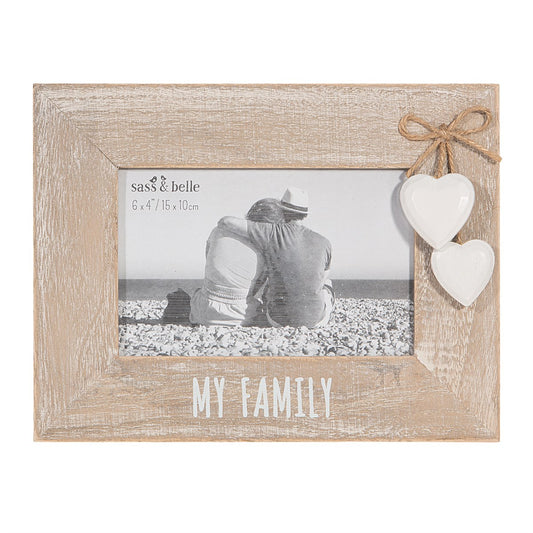 Wooden photo frame with hearts and 'My Family' text, 