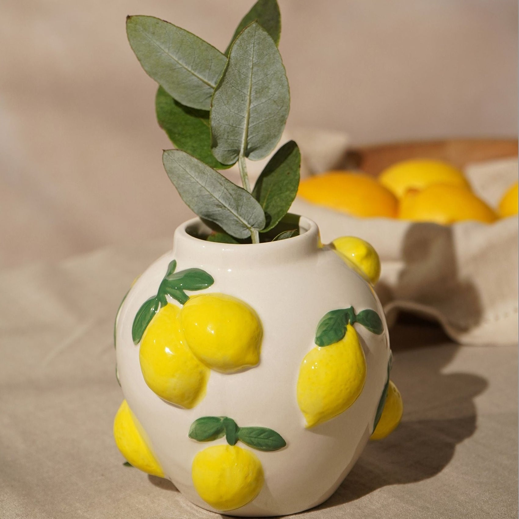 Ceramic vase with yellow lemon design and green leaves 12cm 